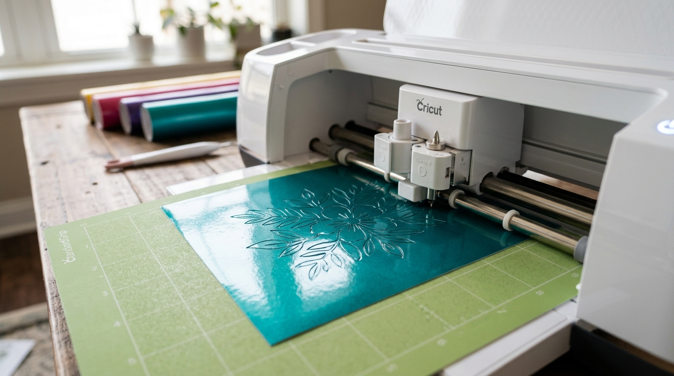 Cricut machine cutting teal vinyl