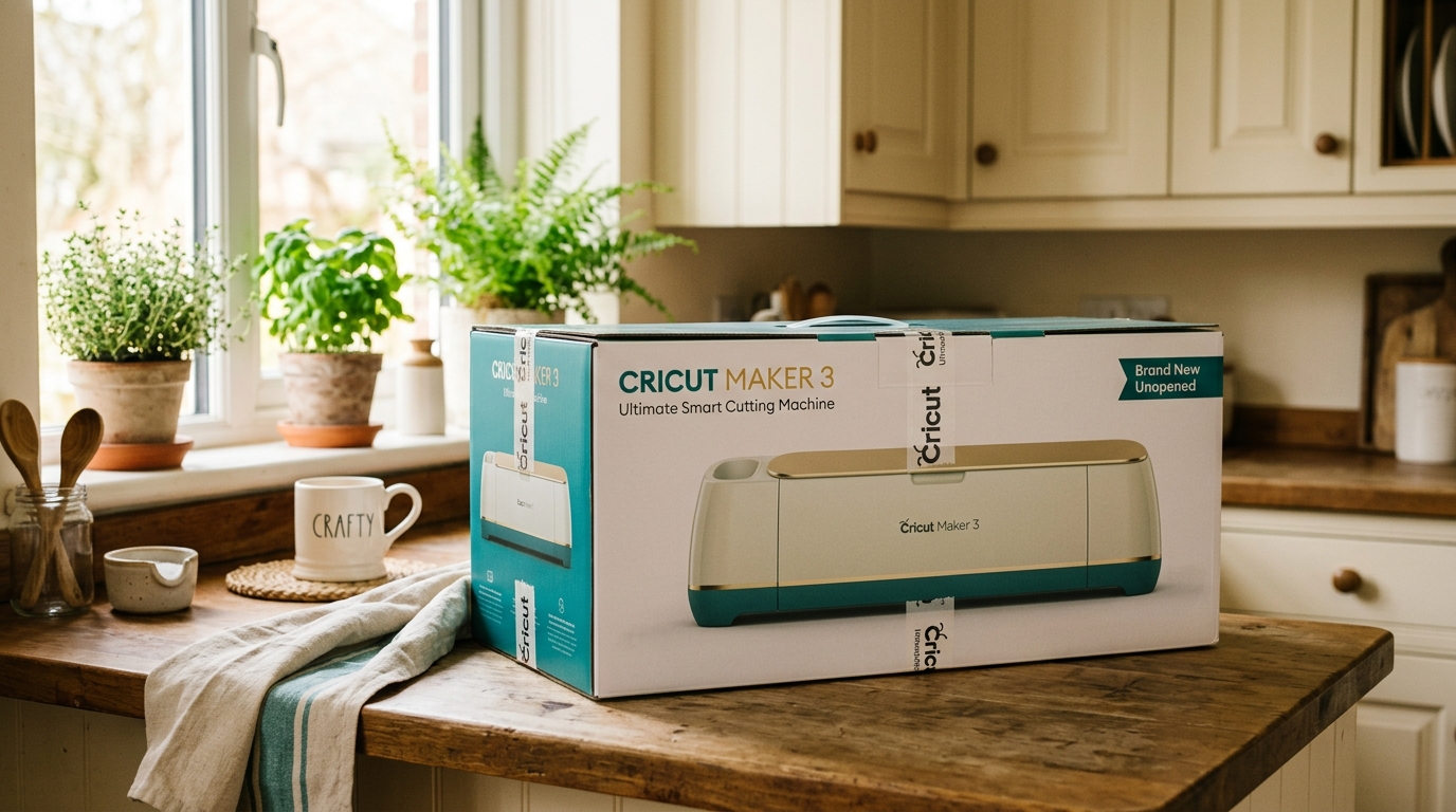 Cricut Maker 3 in original unopened box on kitchen counter