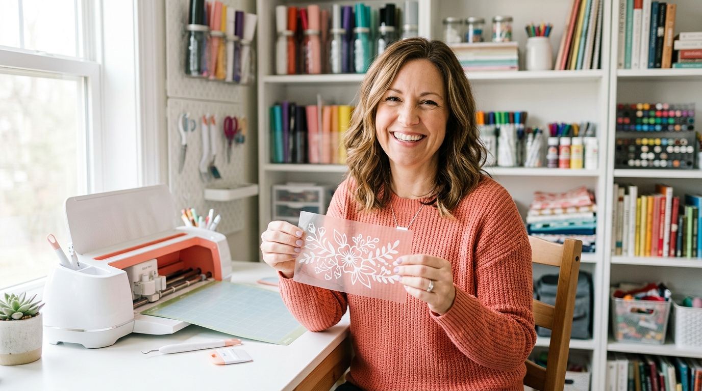 Woman holding a freshly cut vinyl decal she made with her Cricut