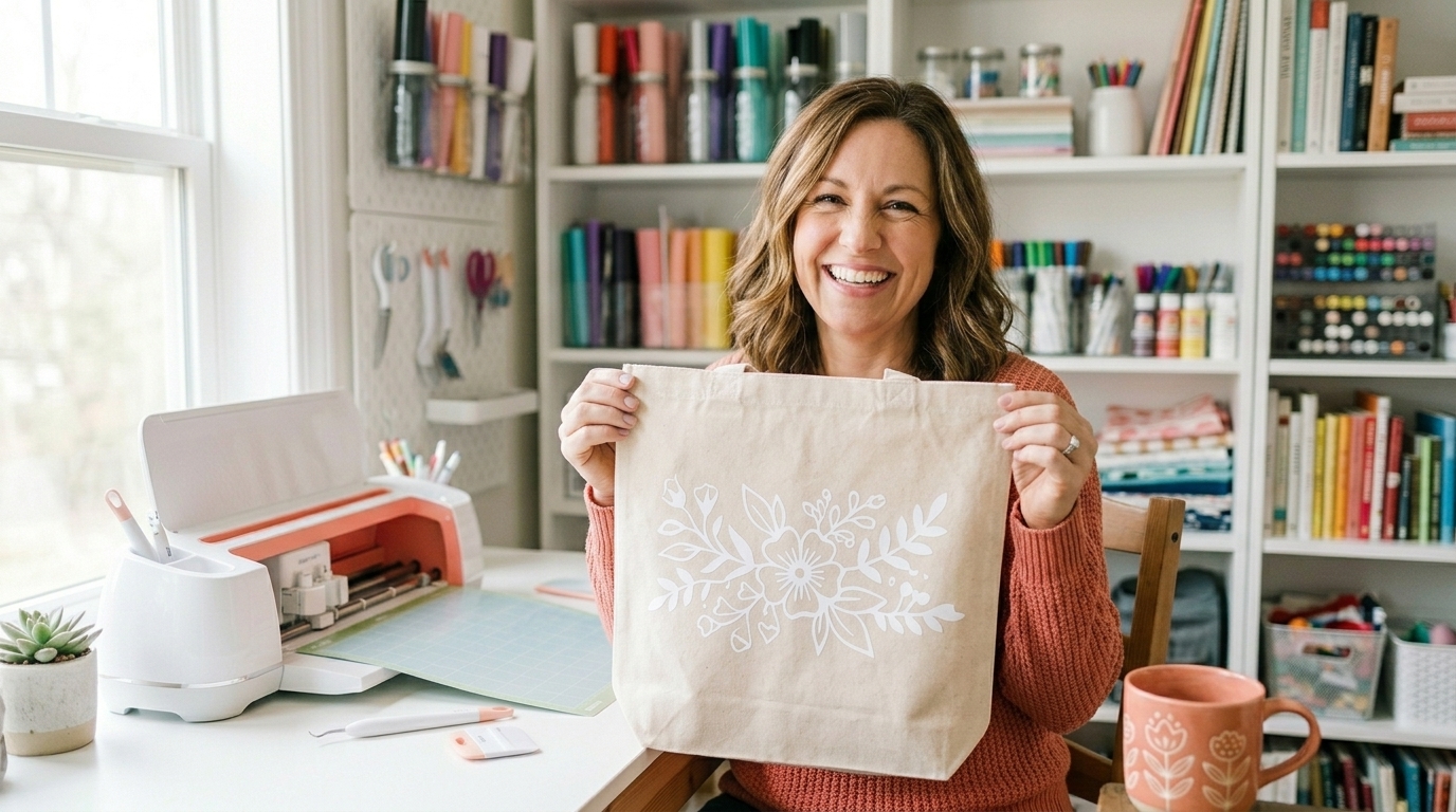 Woman proudly holding a personalized tote bag she made