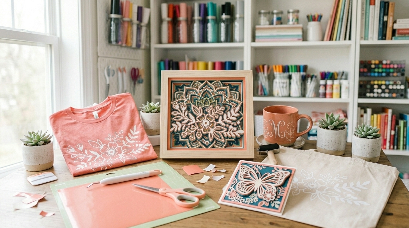Flat lay of handmade projects from monthly challenge