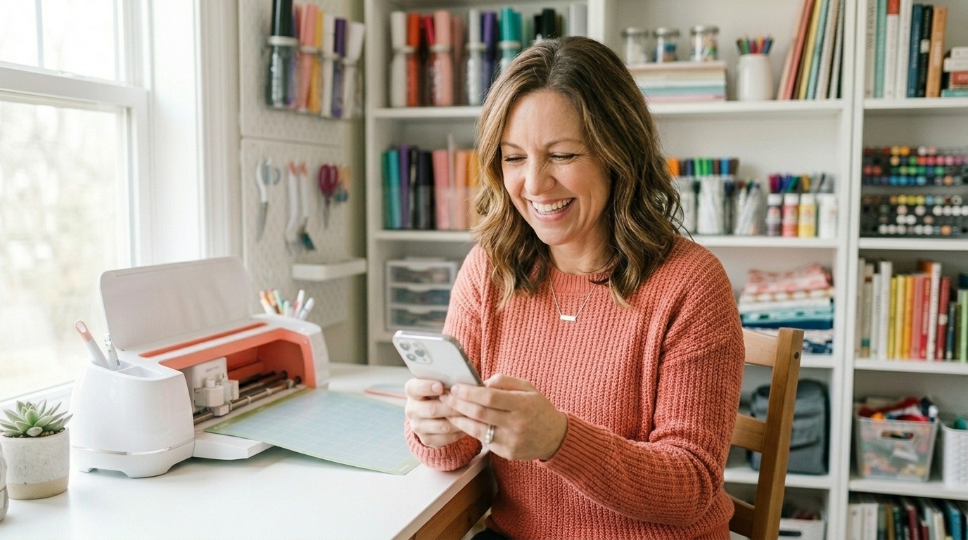 Woman relieved and happy reading a support message