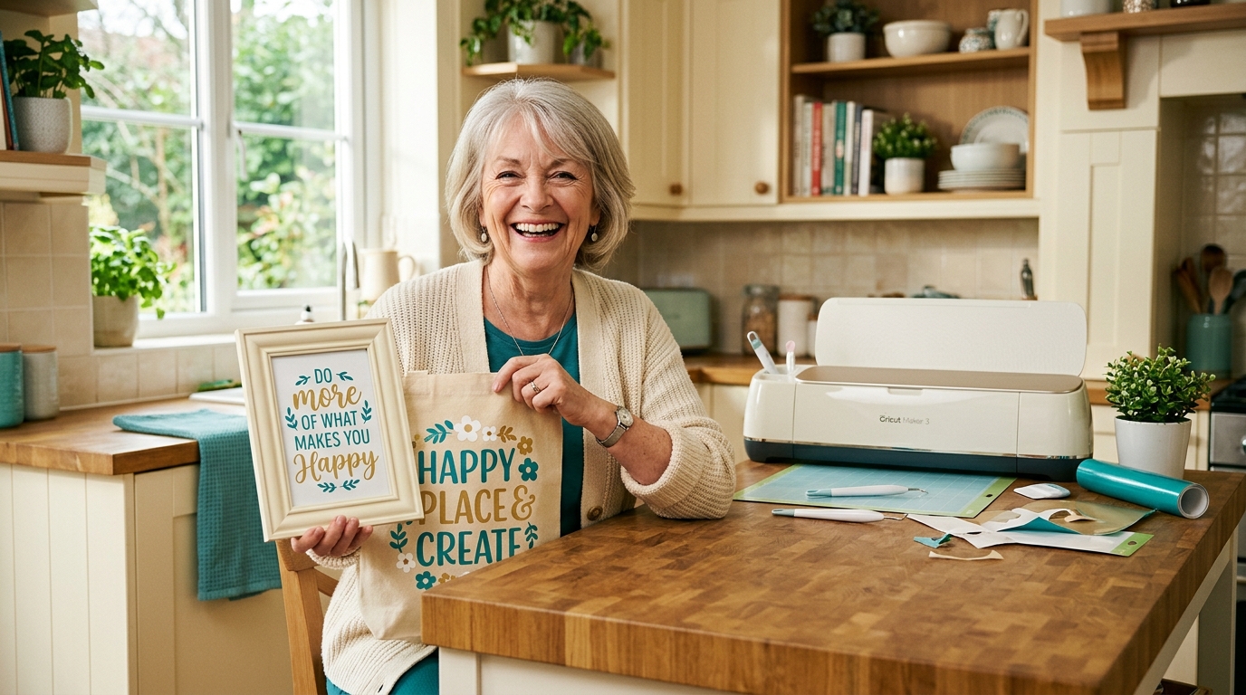 Woman smiling holding finished Cricut projects