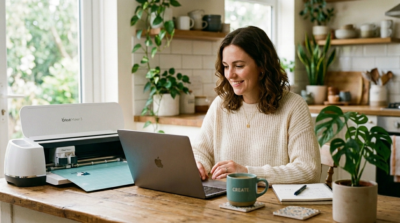 Woman smiling at laptop with Cricut machine