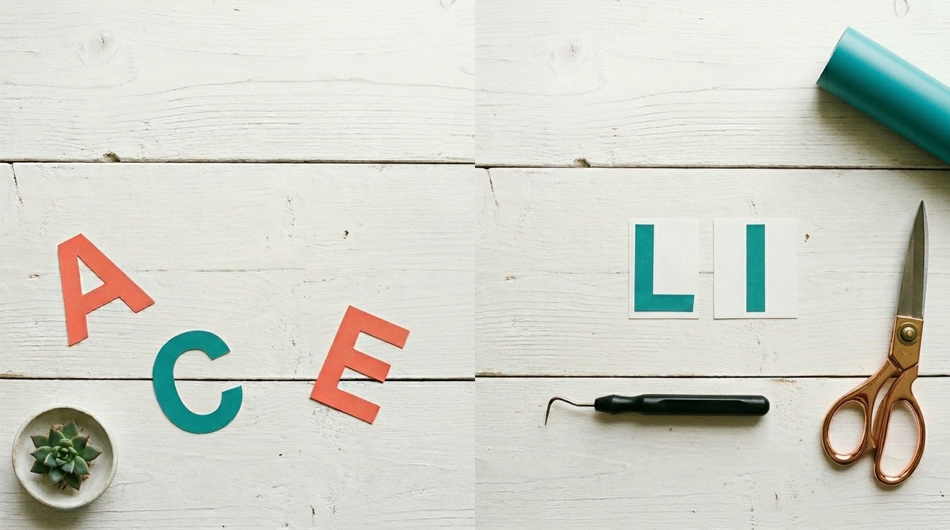 Cut vinyl letters scattered and grouped on table