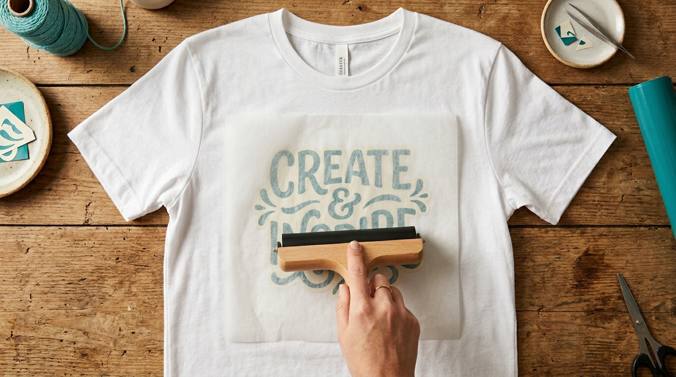 Brayer pressing parchment over iron-on design on t-shirt