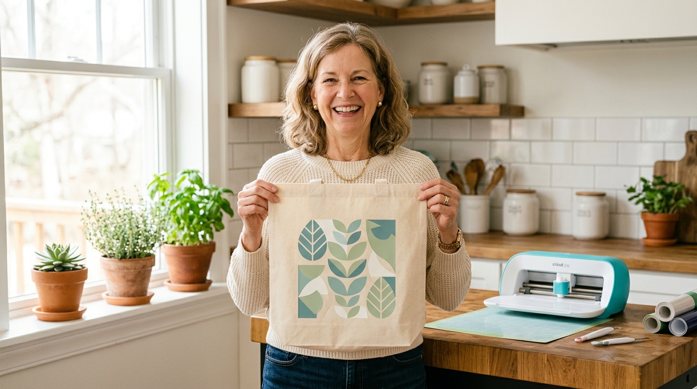 Woman with finished Cricut project