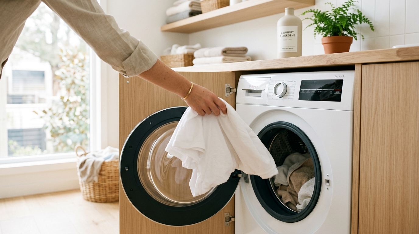 White t-shirt being placed in washing machine