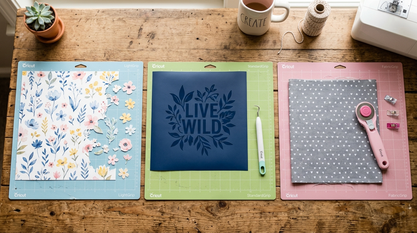Three Cricut mats with different materials