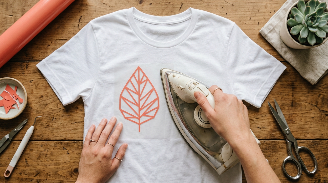 Iron-on vinyl leaf design on white shirt