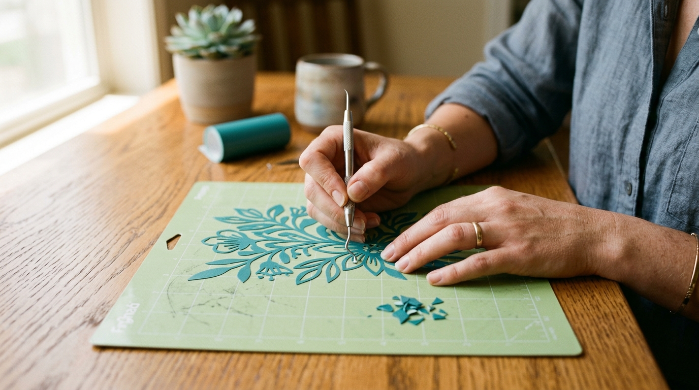 Hands weeding teal vinyl on cutting mat