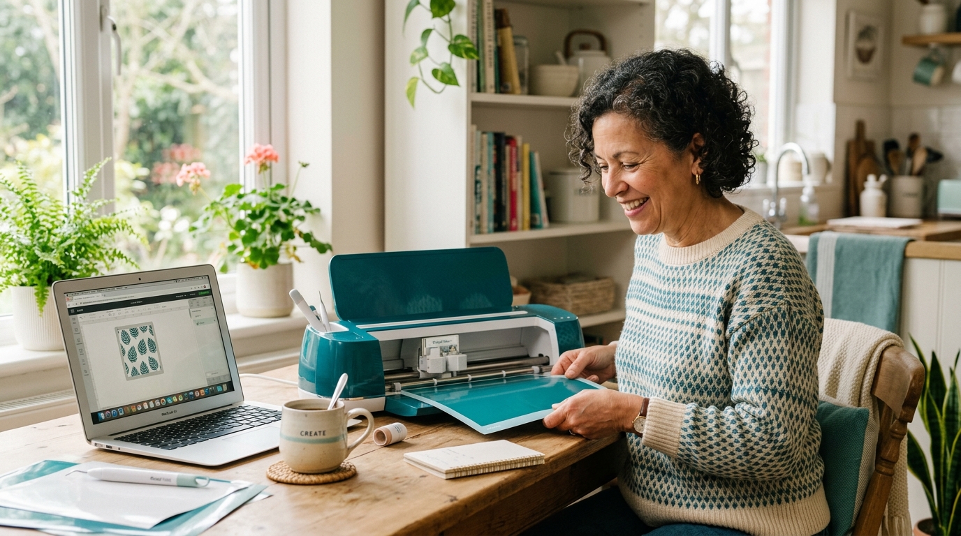 Woman smiling while using Cricut at kitchen table